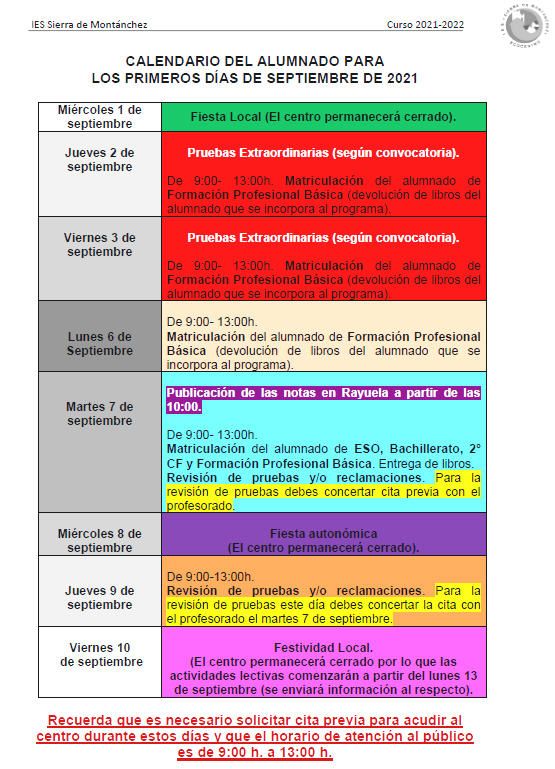 Calendario Inicio Curso 21 22